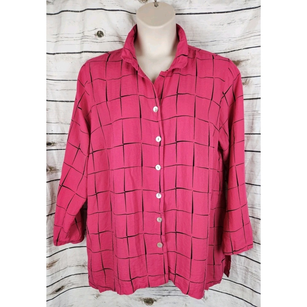 John Mark Hot Pink Plaid Tunic Top Womens 1X Wired Collar Button Up Rayon Blend